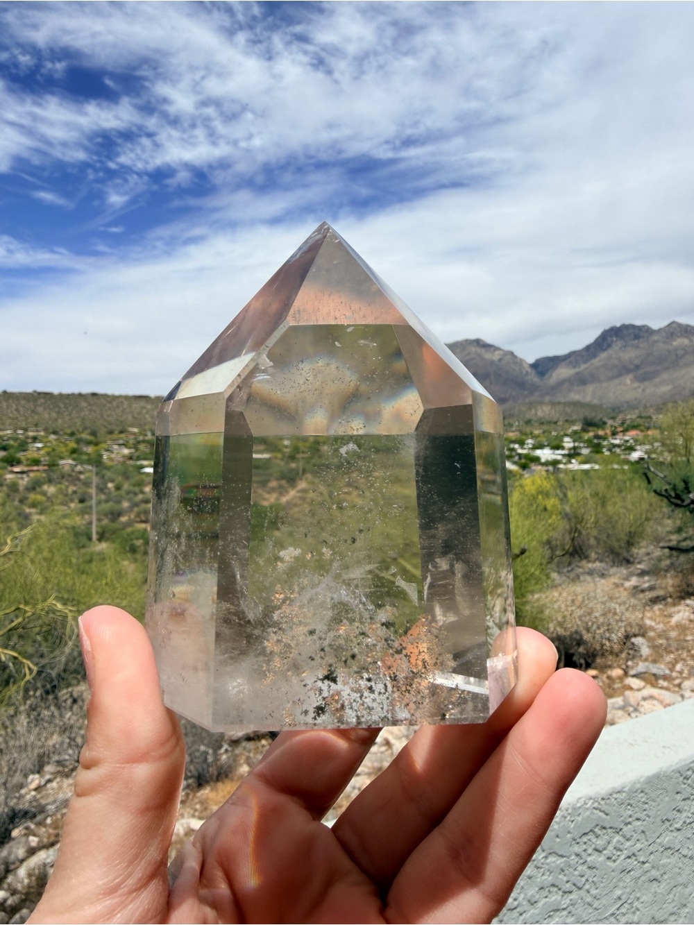 Garden Quartz Tower 🌿 Lodolite Scenic Inclusion Point – High Clarity w/ Rainbow